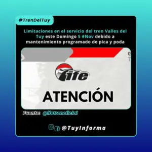 Limitaciones en el servicio del tren Valles del Tuy este Domingo 5 #Nov debido a mantenimiento programado de pica y poda